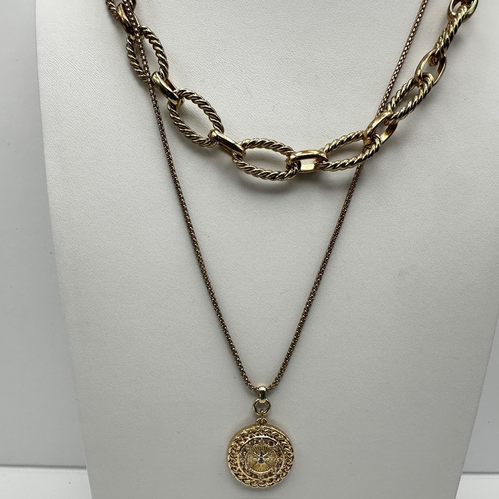 Vintage 90s Express Gold Tone Layered Necklace Compass Medallion Chunky Link - Thumbnail 4