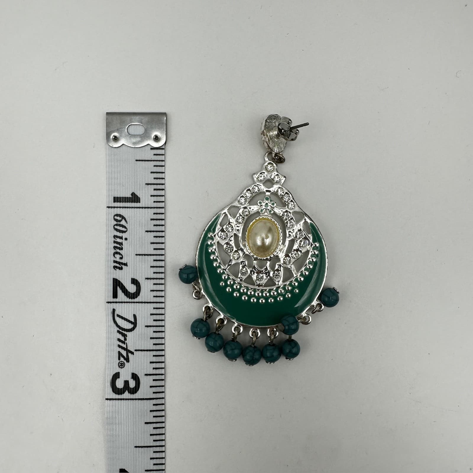 Vintage 90s Green Enamel Dangle Earrings Faux Pearl Silver Tone Women's Jewelry - Thumbnail 12