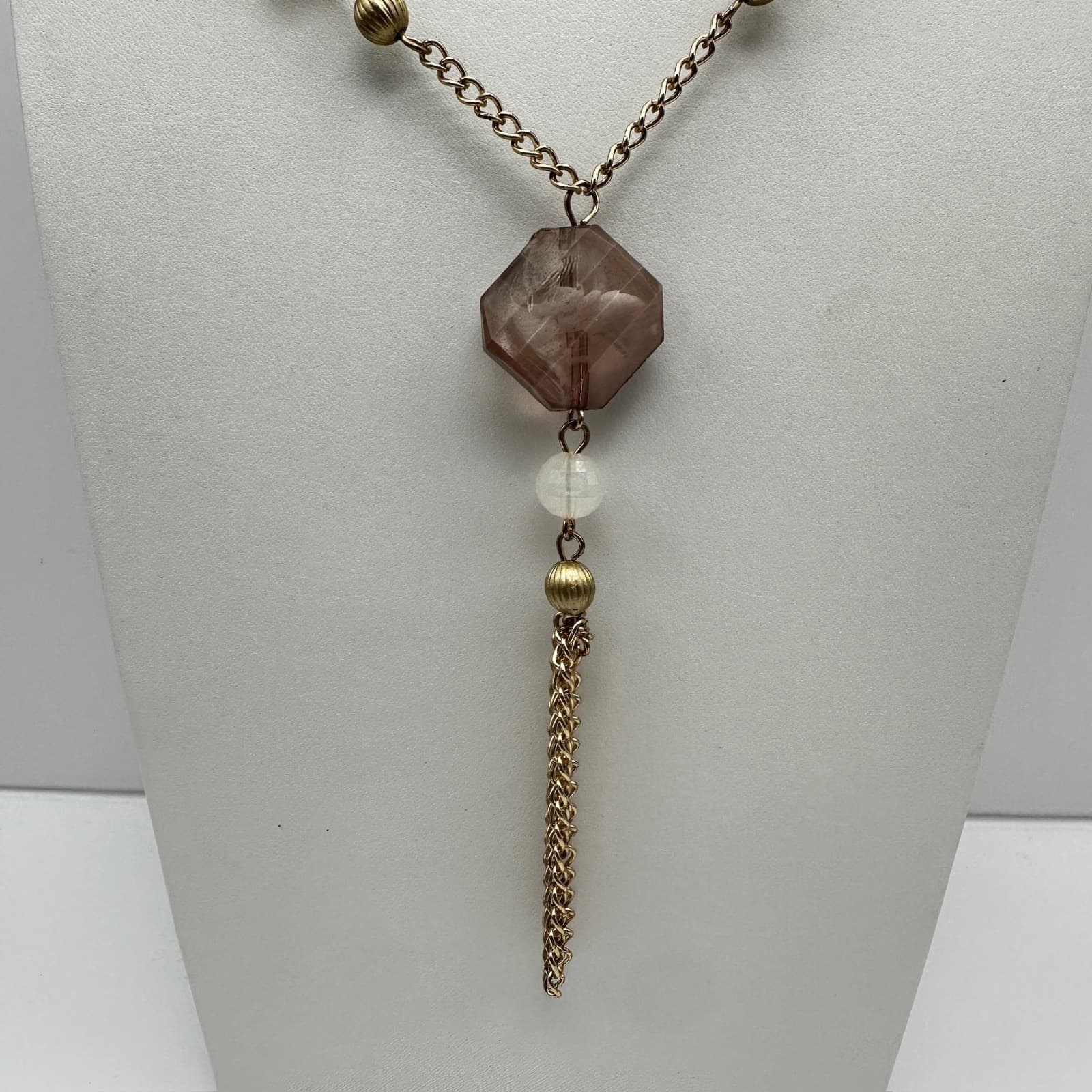 Vintage Y2K Gold Tone Long Tassel Necklace Smoky Amber Glass Bead Boho Jewelry - Thumbnail 2