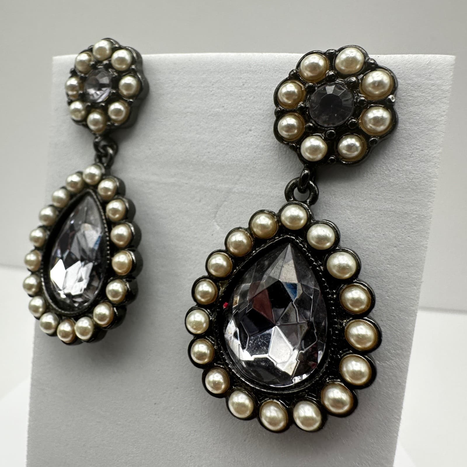 Vintage 90s Teardrop Pearl Gunmetal Earrings Dangal Statement Women's Jewelry - Thumbnail 5