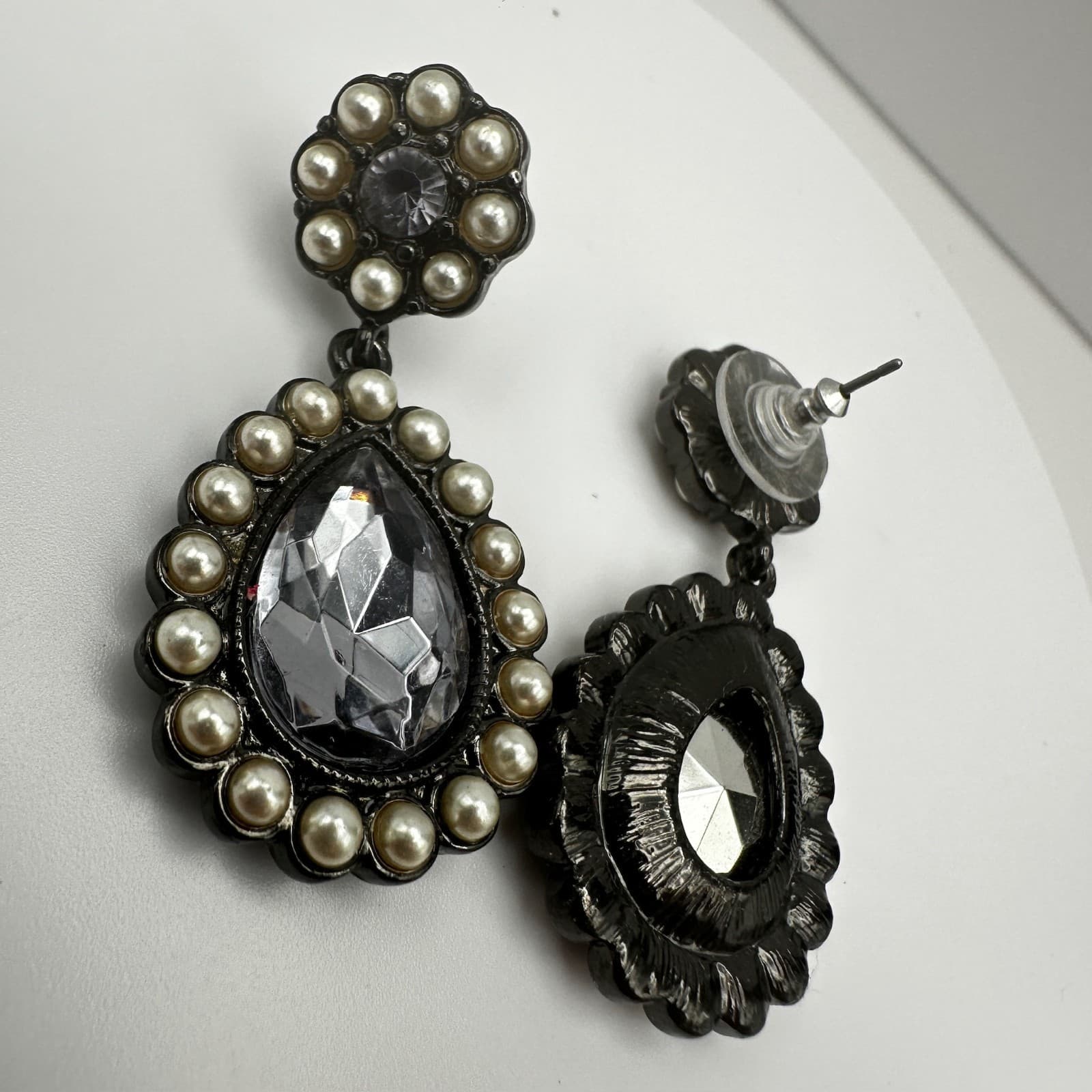 Vintage 90s Teardrop Pearl Gunmetal Earrings Dangal Statement Women's Jewelry - Thumbnail 10