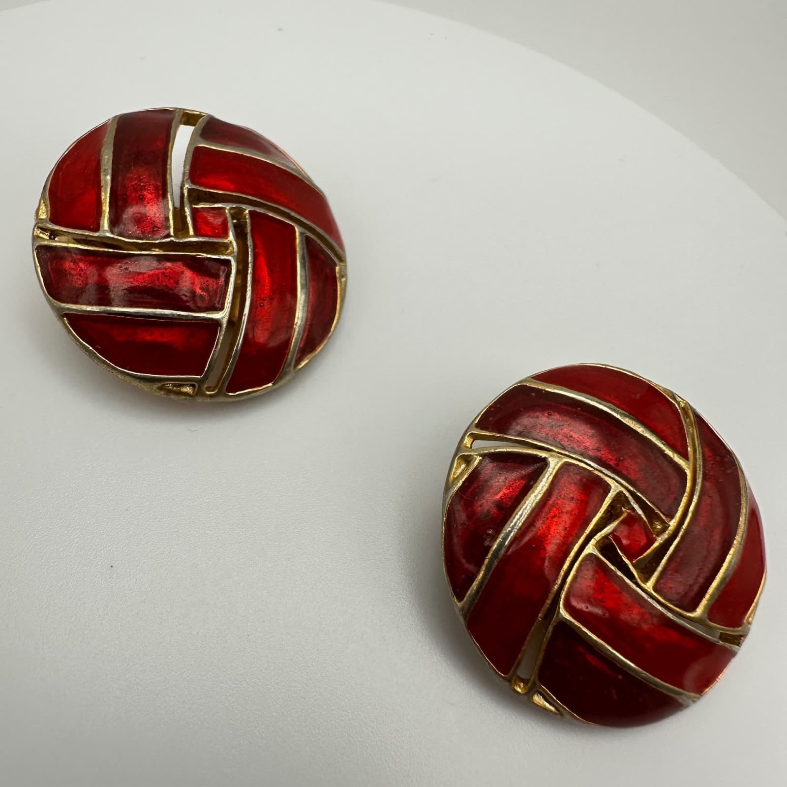 Vintage 80s Red Enamel Gold Tone Round Earrings Geometric Statement Jewelry - Thumbnail 3