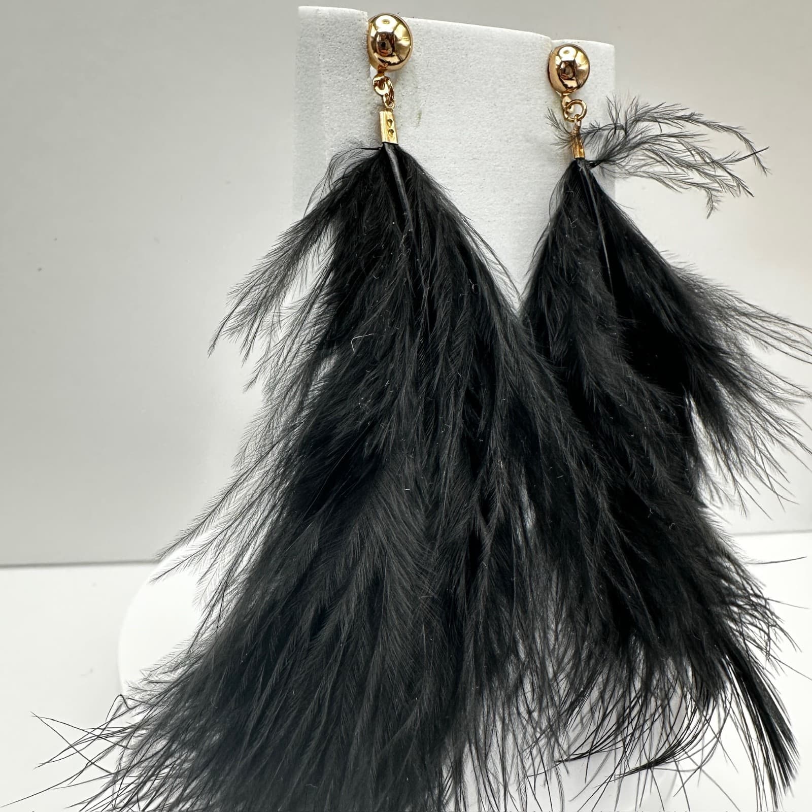 Vintage 90s Long Feather Drip Earrings Set Gold Tone Statement Pierced Jewelry - Thumbnail 4