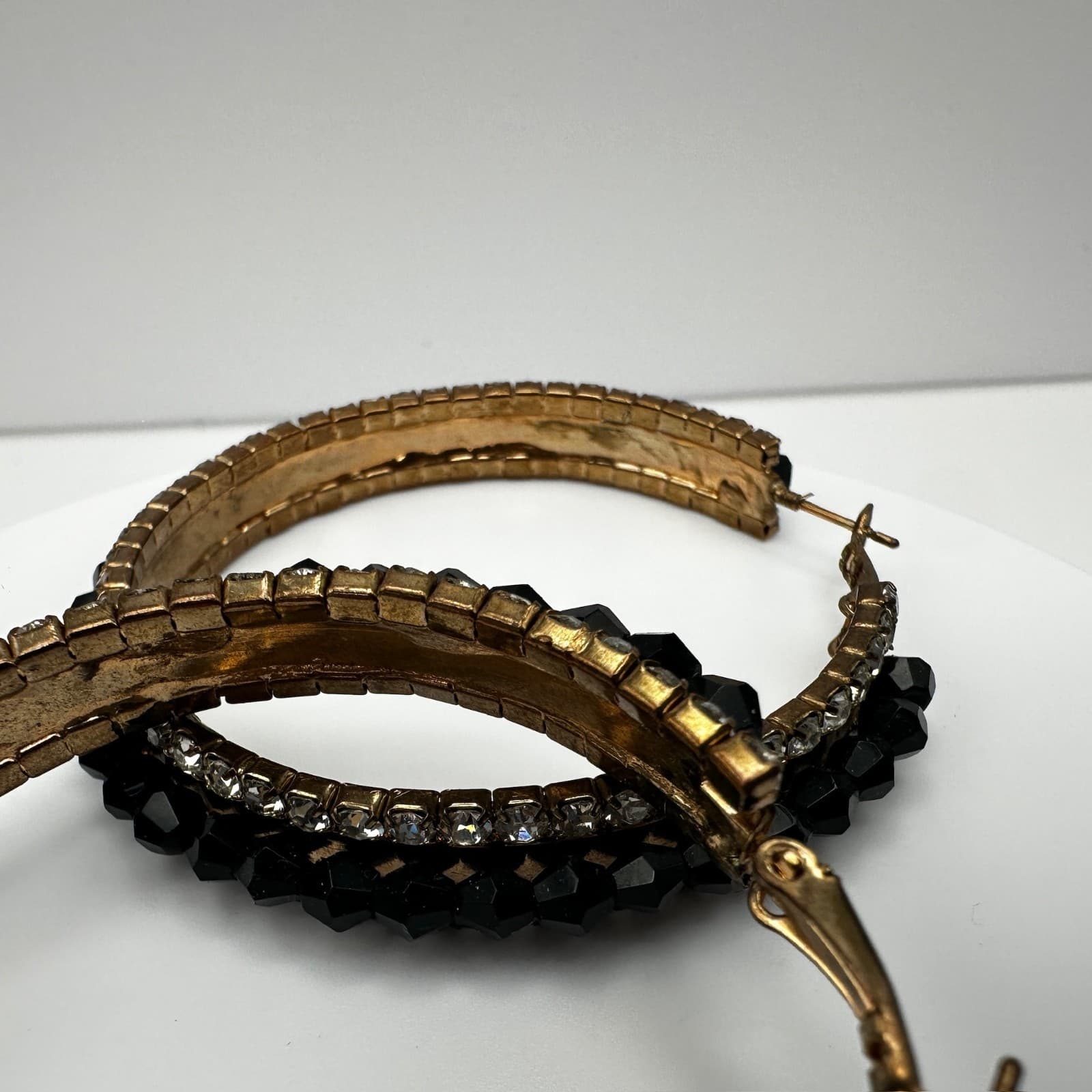 Vintage 90s Black Bead Clear Rhinestone Large Hoop Earrings Fashion Jewelry - Thumbnail 9