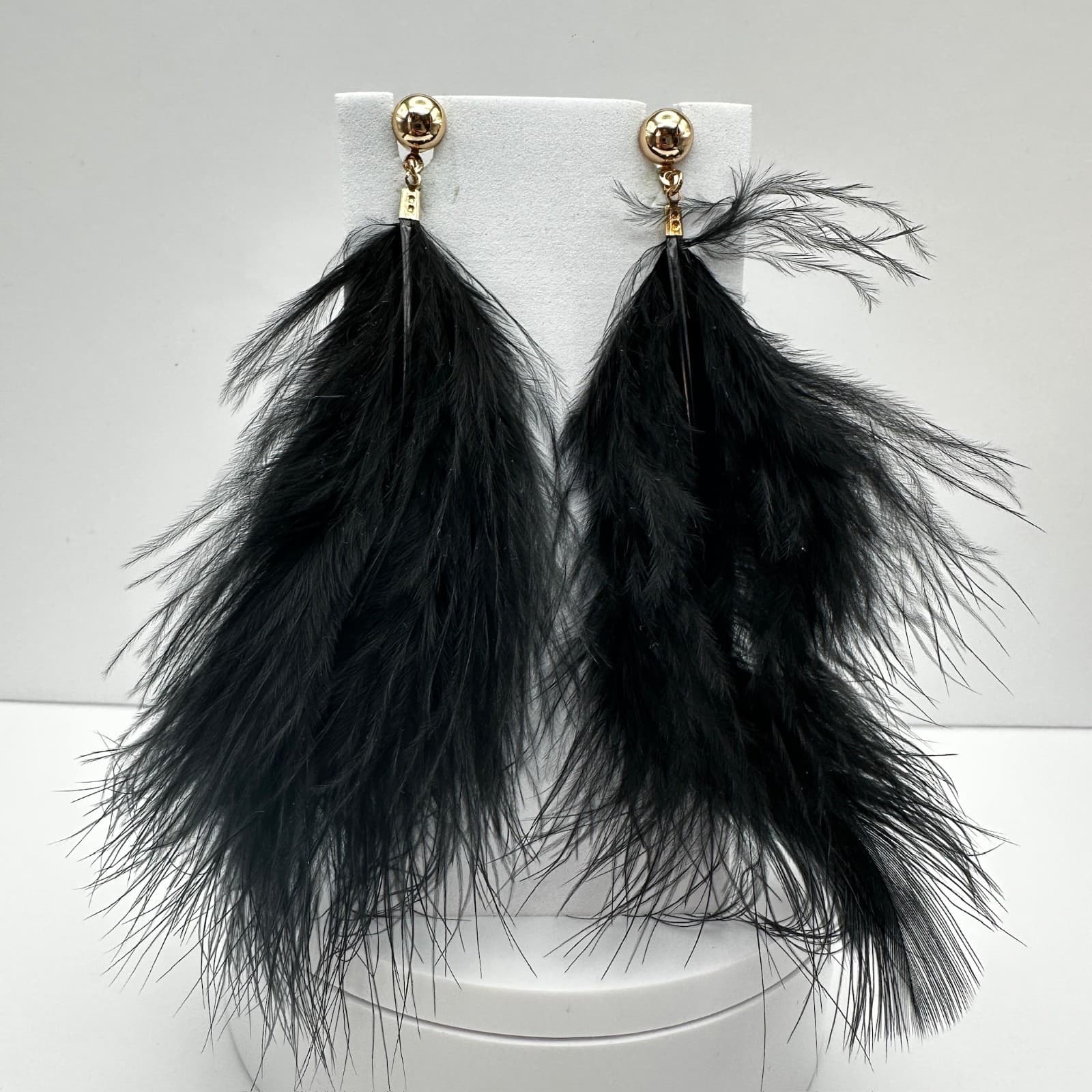 Vintage 90s Long Feather Drip Earrings Set Gold Tone Statement Pierced Jewelry - Image 1