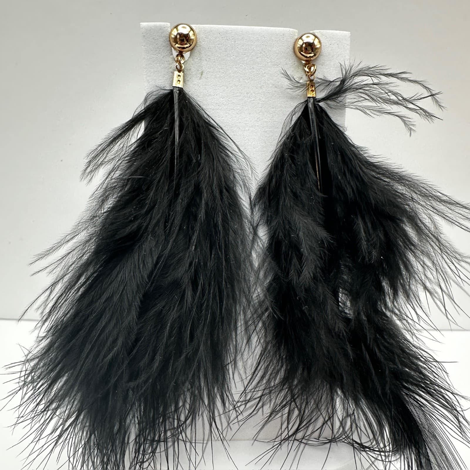 Vintage 90s Long Feather Drip Earrings Set Gold Tone Statement Pierced Jewelry - Thumbnail 3