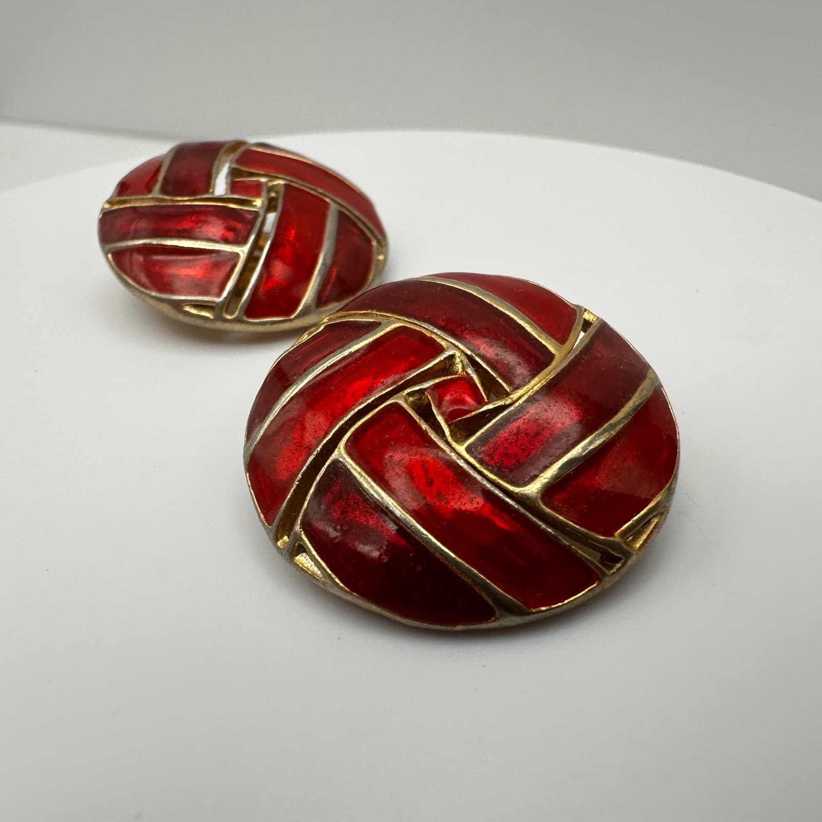 Vintage 80s Red Enamel Gold Tone Round Earrings Geometric Statement Jewelry - Thumbnail 5