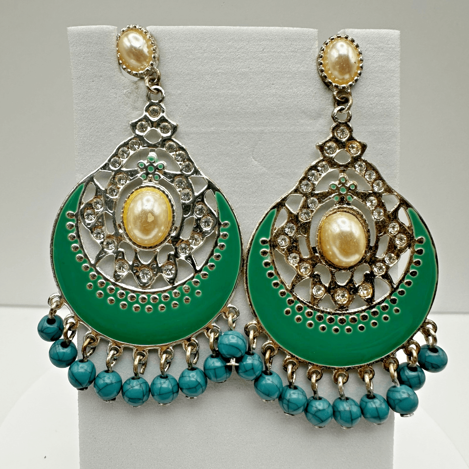 Vintage 90s Green Enamel Dangle Earrings Faux Pearl Silver Tone Women's Jewelry - Image 1