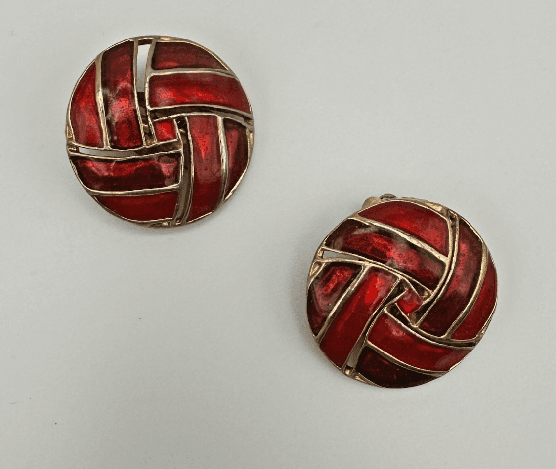 Vintage 80s Red Enamel Gold Tone Round Earrings Geometric Statement Jewelry - Image 1