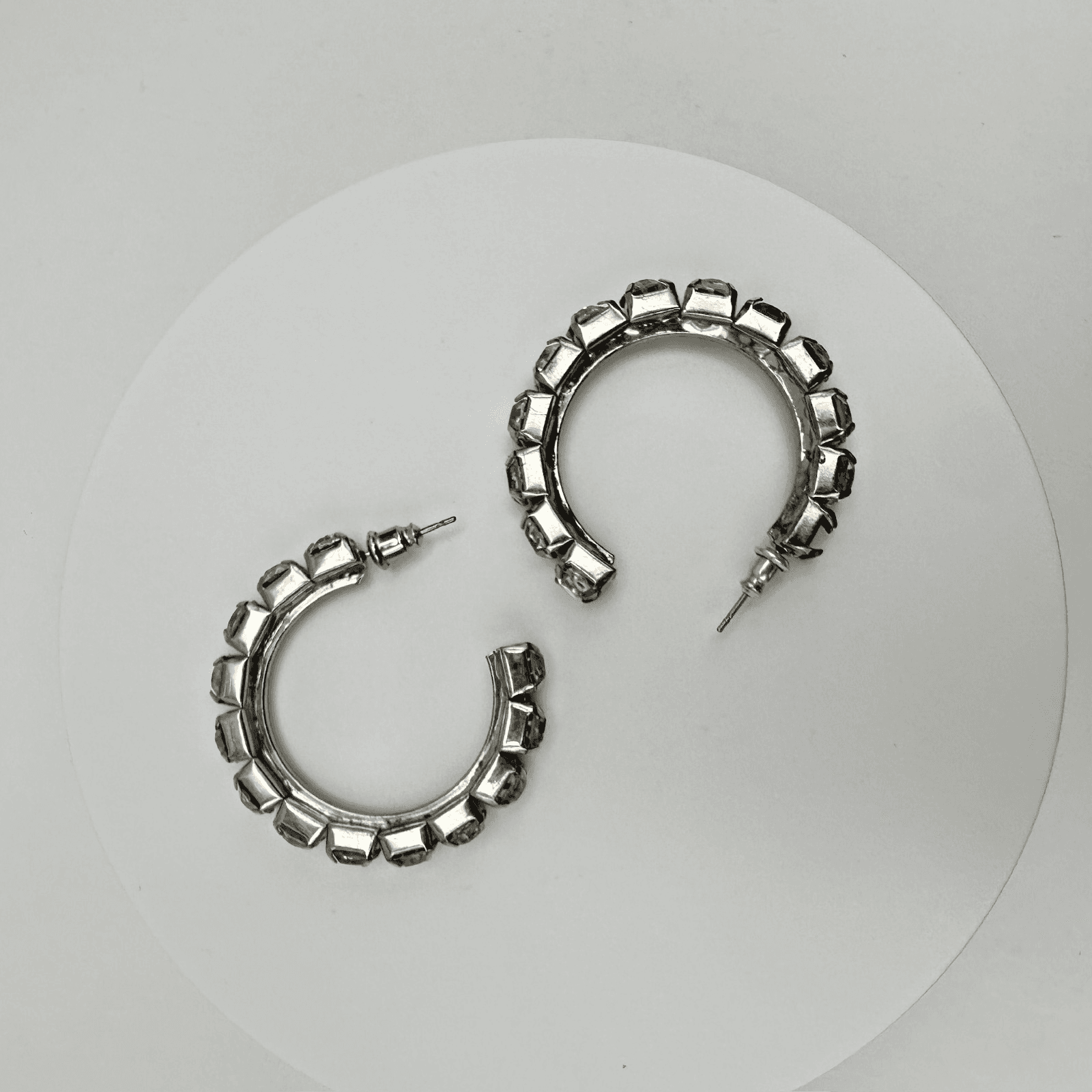 Vintage 90s Silver Tone Clear Glass Rhinestone Hoop Earrings Fashion Jewelry - Image 1