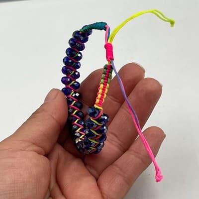 Vintage Boho Dark Blue Crystal Macrame Adjustable Bracelet Neon Pink Yellow Cord - Thumbnail 5
