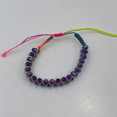 Vintage Boho Dark Blue Crystal Macrame Adjustable Bracelet Neon Pink Yellow Cord - Image 1