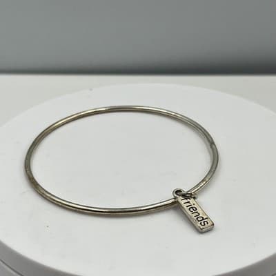 Vintage Silver Tone Bangle Bracelet with 'Friends' Charm, Minimalist Jewelry - Thumbnail 3