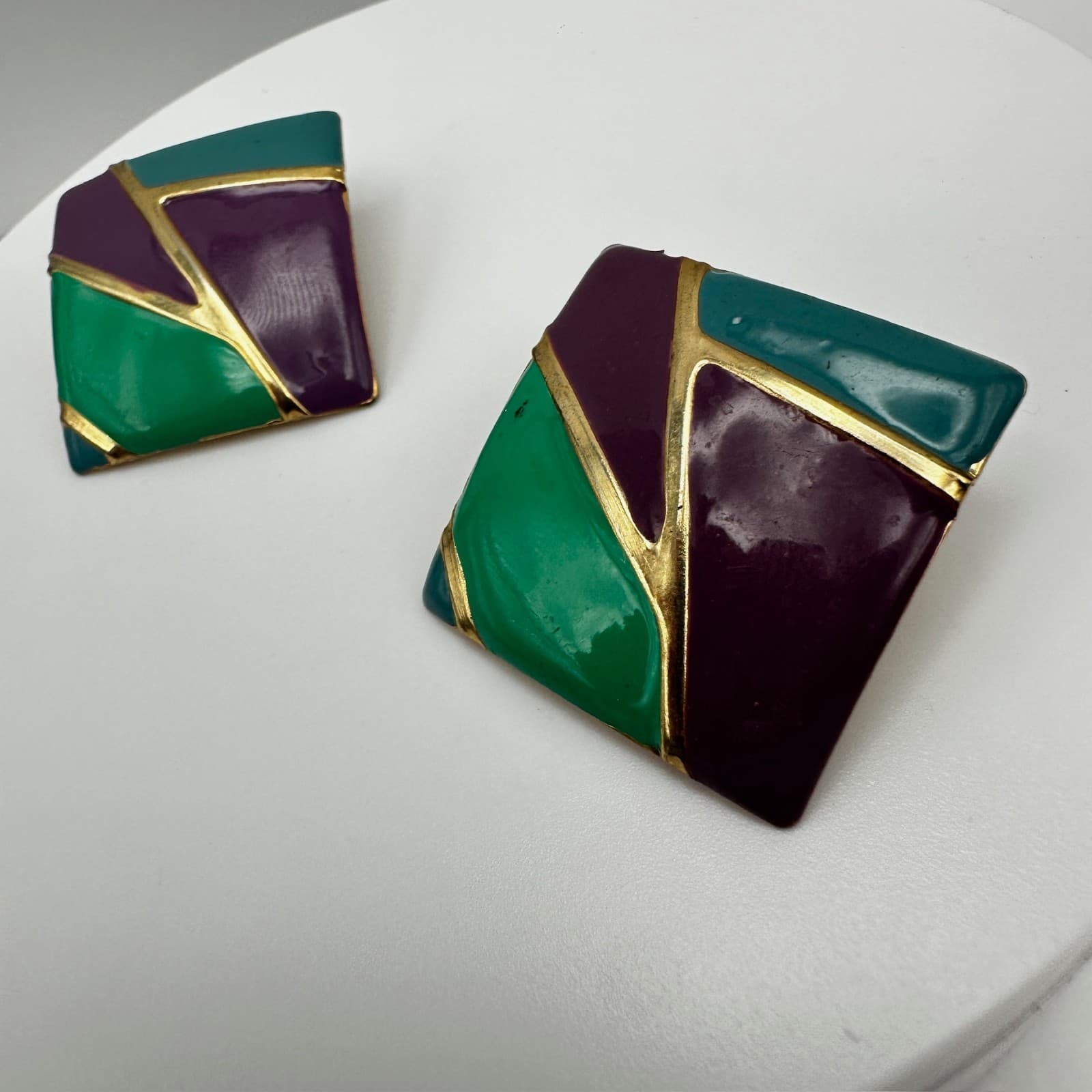 Vintage 80s Geometric Enamel Earrings Gold Tone Abstract Women's Jewelry - Thumbnail 8