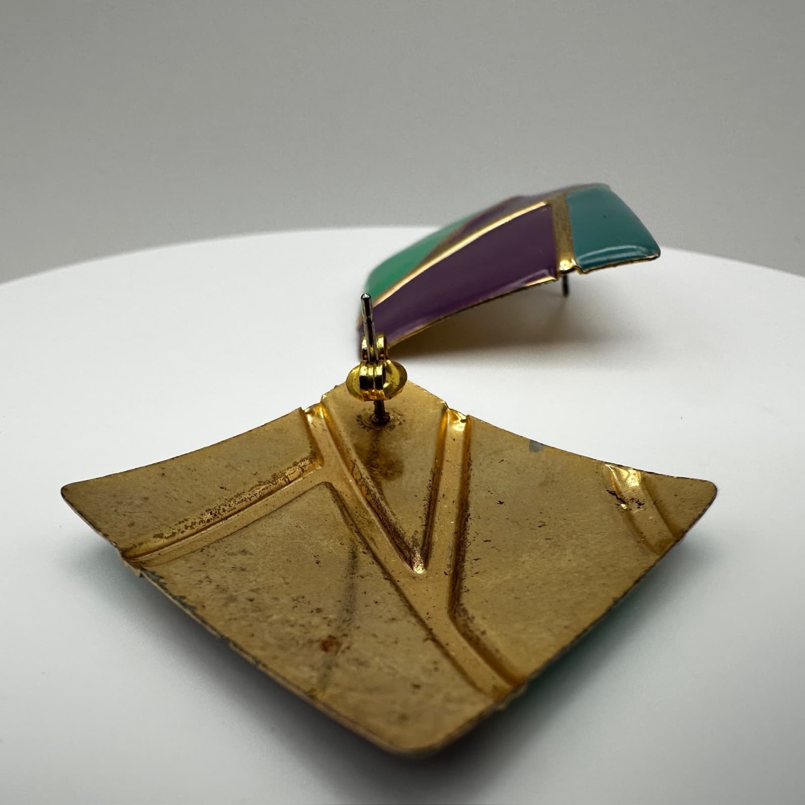Vintage 80s Geometric Enamel Earrings Gold Tone Abstract Women's Jewelry - Thumbnail 12