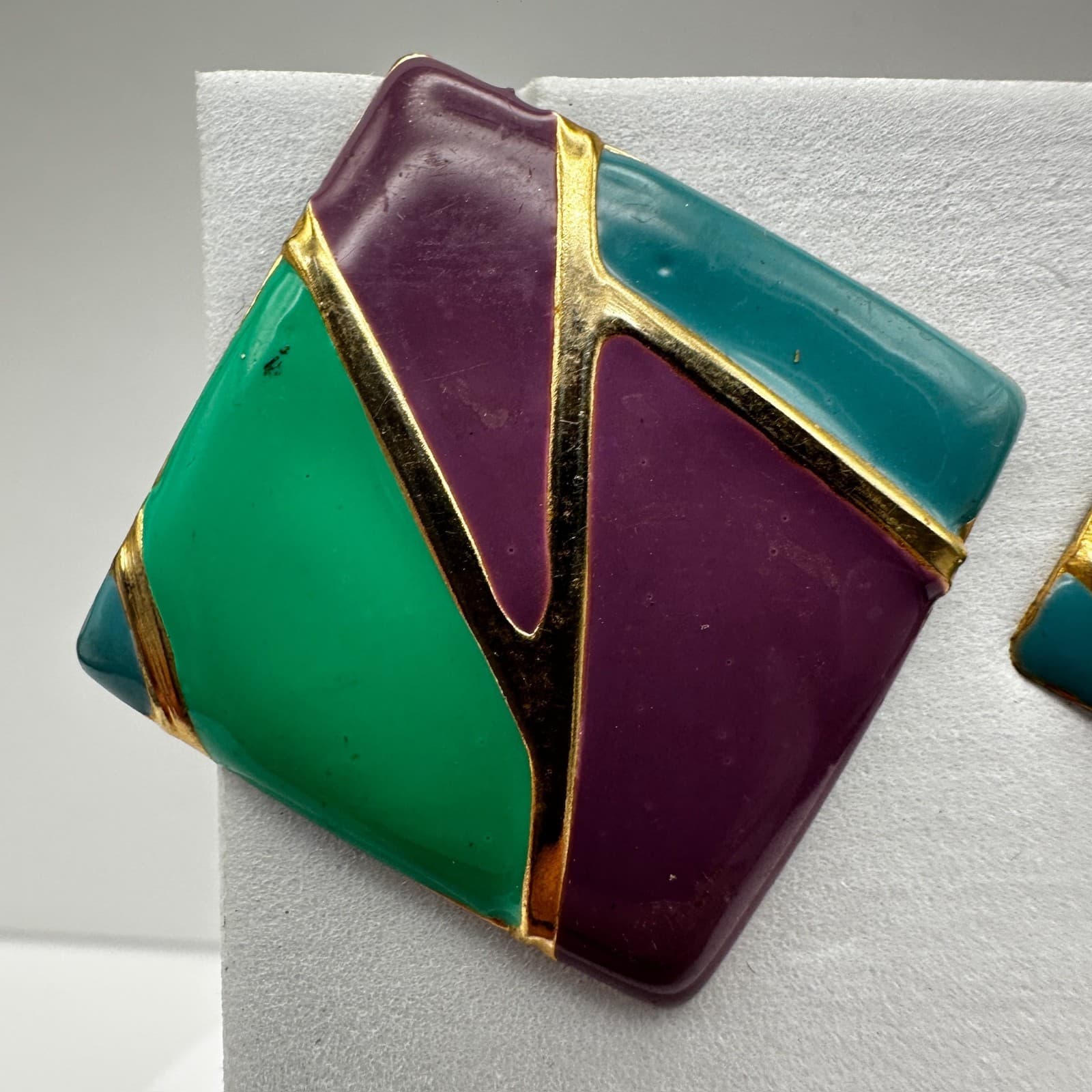 Vintage 80s Geometric Enamel Earrings Gold Tone Abstract Women's Jewelry - Thumbnail 4