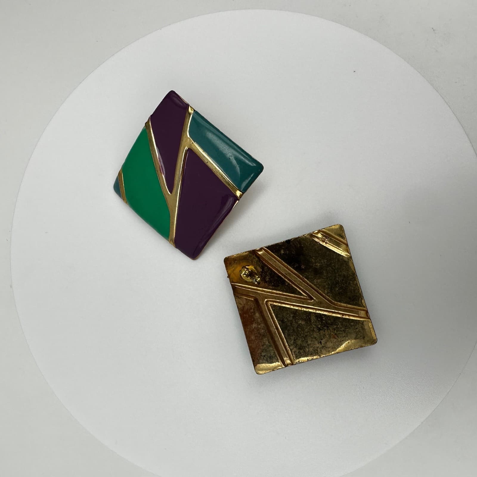 Vintage 80s Geometric Enamel Earrings Gold Tone Abstract Women's Jewelry - Thumbnail 14