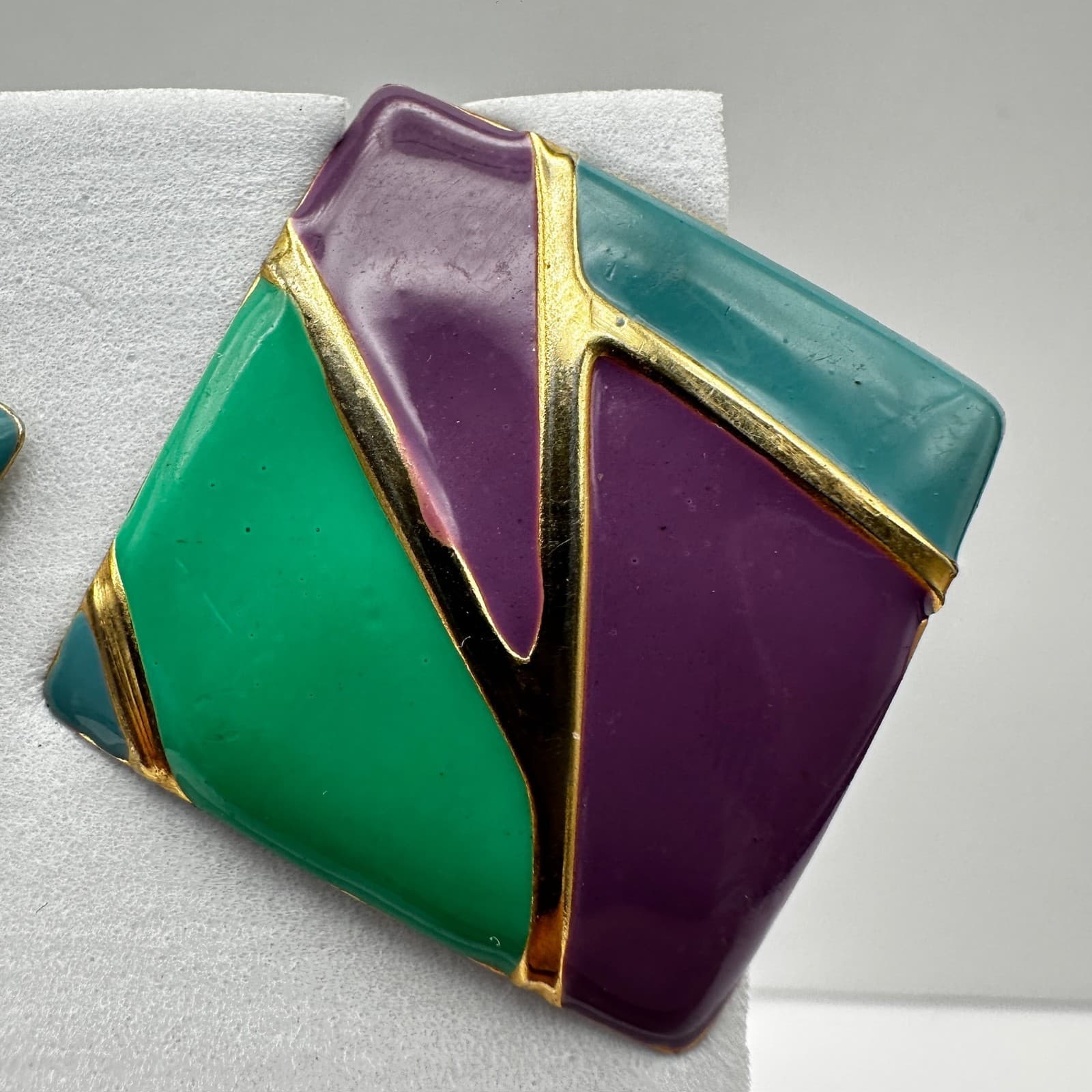 Vintage 80s Geometric Enamel Earrings Gold Tone Abstract Women's Jewelry - Thumbnail 5
