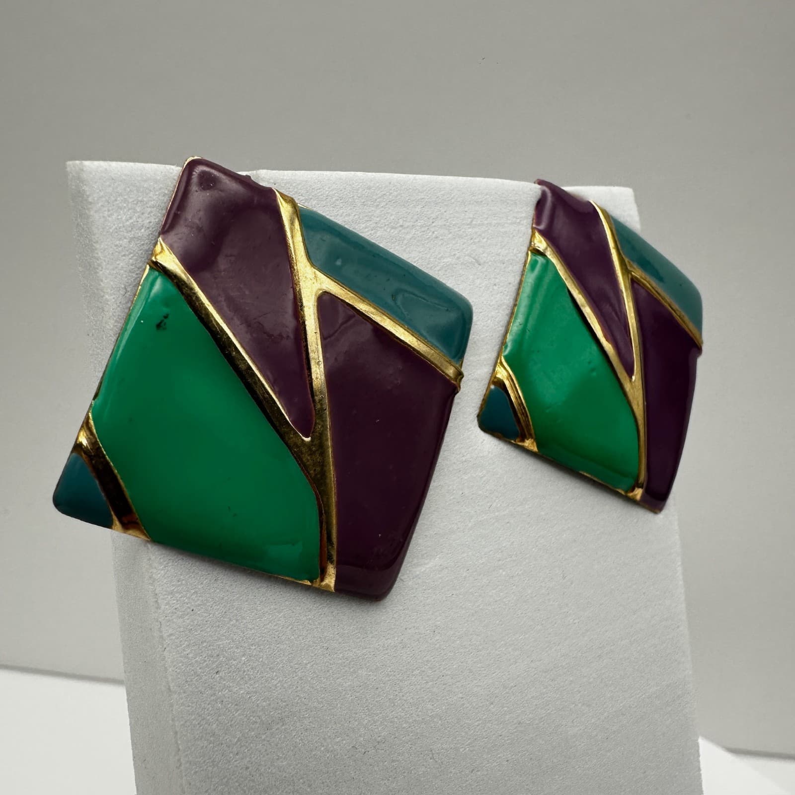 Vintage 80s Geometric Enamel Earrings Gold Tone Abstract Women's Jewelry - Thumbnail 2
