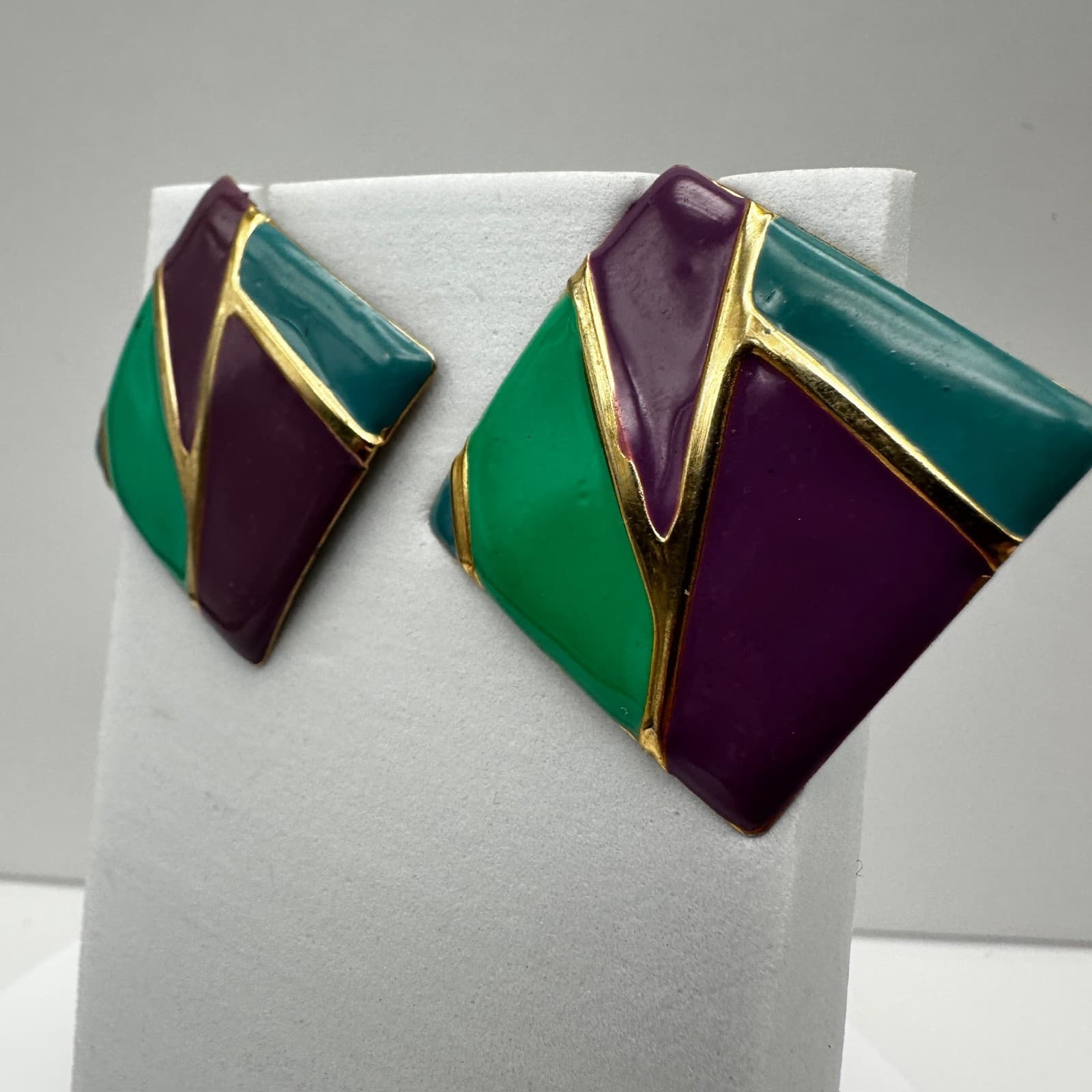Vintage 80s Geometric Enamel Earrings Gold Tone Abstract Women's Jewelry - Thumbnail 3