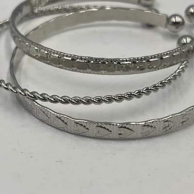 Vintage Set of 3 Silver Tone Cuff Bracelets Textured Twisted Stackable Ball Ends - Thumbnail 2