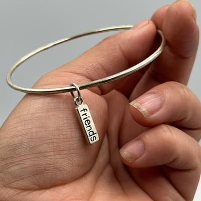 Vintage Silver Tone Bangle Bracelet with 'Friends' Charm, Minimalist Jewelry - Thumbnail 5