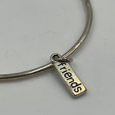 Vintage Silver Tone Bangle Bracelet with 'Friends' Charm, Minimalist Jewelry - Thumbnail 2