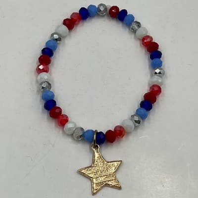 Vintage Patriotic Red White Blue Beaded Bracelet American Flag Star Charm USA - Thumbnail 5