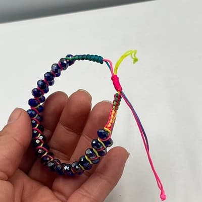 Vintage Boho Dark Blue Crystal Macrame Adjustable Bracelet Neon Pink Yellow Cord - Thumbnail 4