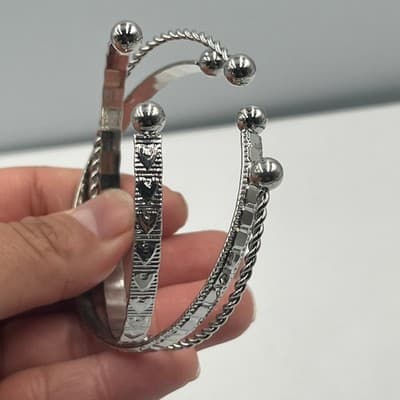 Vintage Set of 3 Silver Tone Cuff Bracelets Textured Twisted Stackable Ball Ends - Thumbnail 5