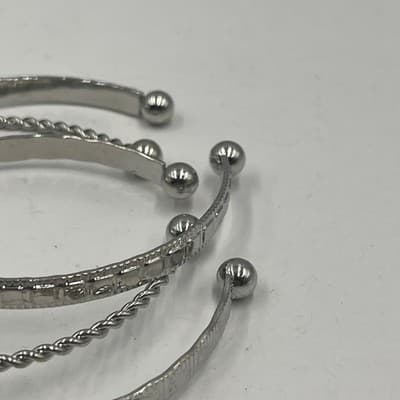 Vintage Set of 3 Silver Tone Cuff Bracelets Textured Twisted Stackable Ball Ends - Thumbnail 3