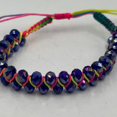 Vintage Boho Dark Blue Crystal Macrame Adjustable Bracelet Neon Pink Yellow Cord - Thumbnail 2