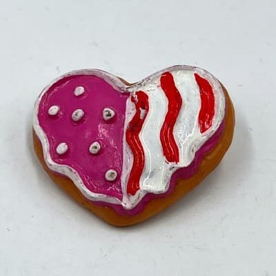 Vintage Handcrafted Clay Heart Cookie Brooch Pink Red White Sweet Treat Pin Art - Image 1