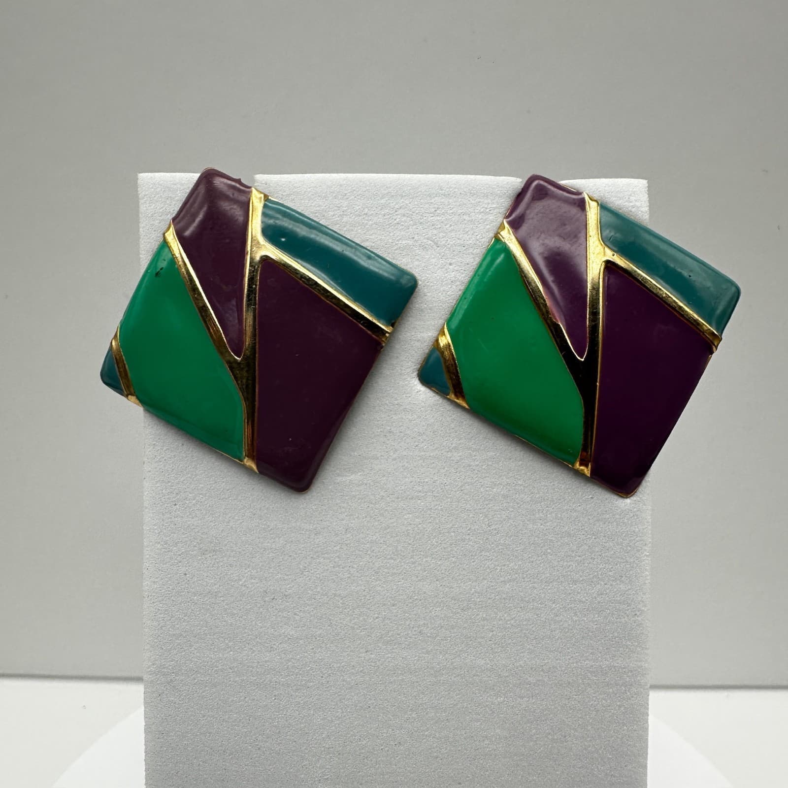 Vintage 80s Geometric Enamel Earrings Gold Tone Abstract Women's Jewelry - Image 1