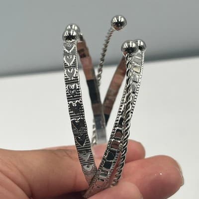 Vintage Set of 3 Silver Tone Cuff Bracelets Textured Twisted Stackable Ball Ends - Thumbnail 6