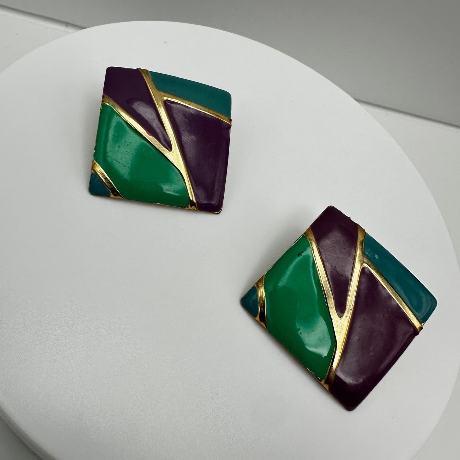 Vintage 80s Geometric Enamel Earrings Gold Tone Abstract Women's Jewelry - Thumbnail 7