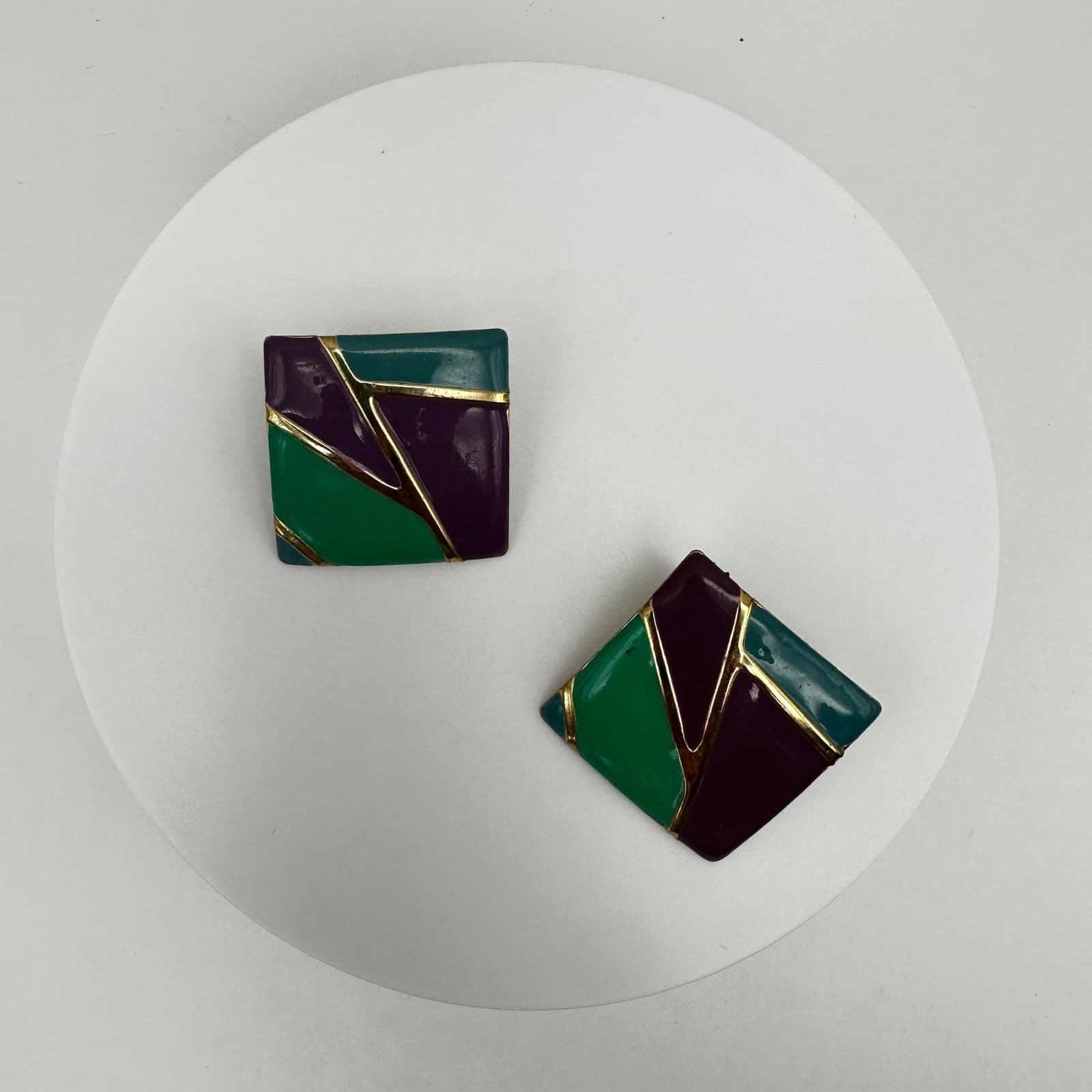 Vintage 80s Geometric Enamel Earrings Gold Tone Abstract Women's Jewelry - Thumbnail 6