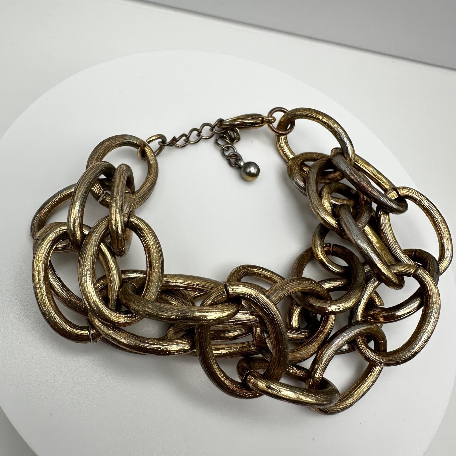 Vintage 80s Gold Tone Chunky Oval Trio-Strand Link Chain Hand Bracelet Jewelry - Thumbnail 2