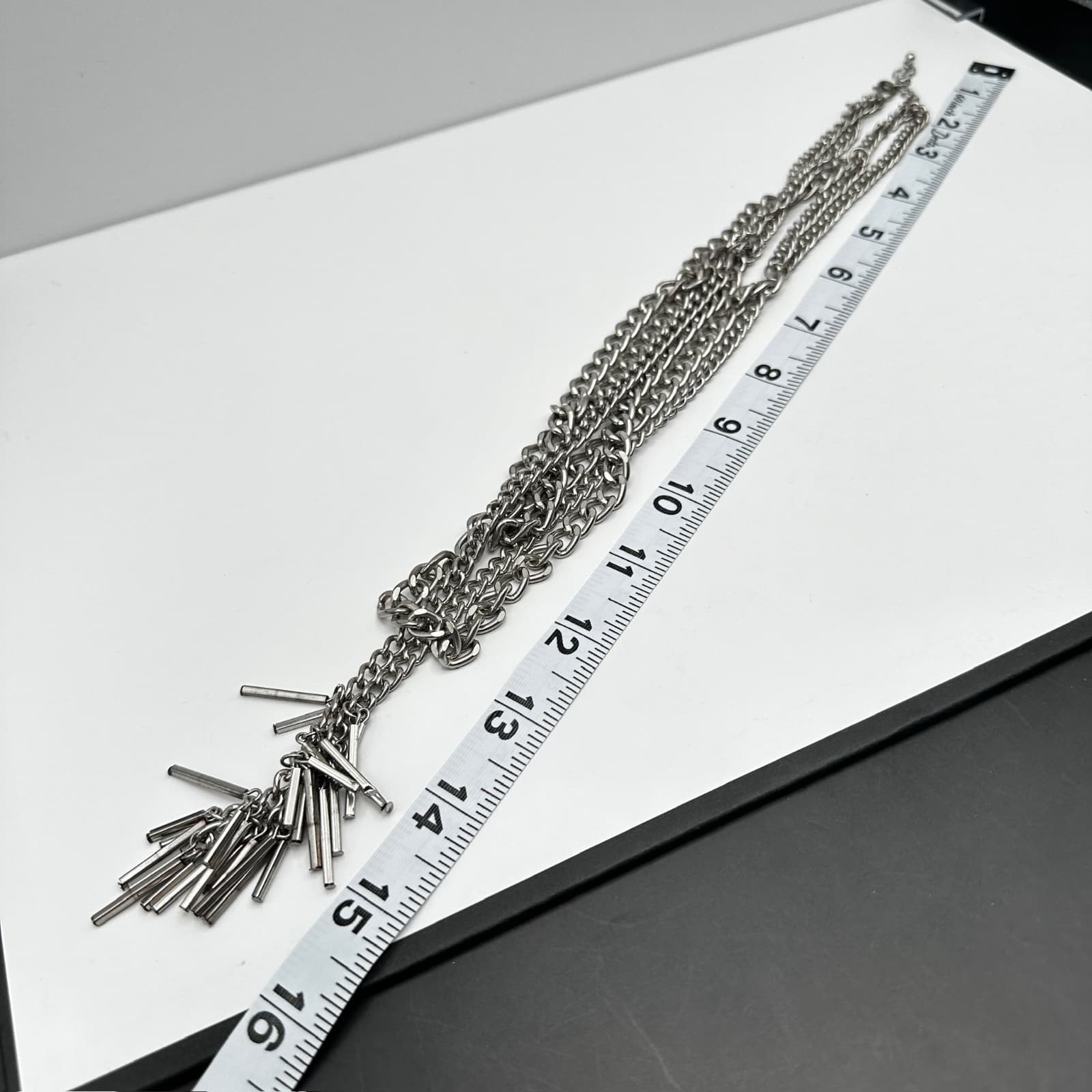 Vintage 90s Multi Layer Silver Tone Chain Necklace Industrial Bar Fringe Jewelry - Thumbnail 14