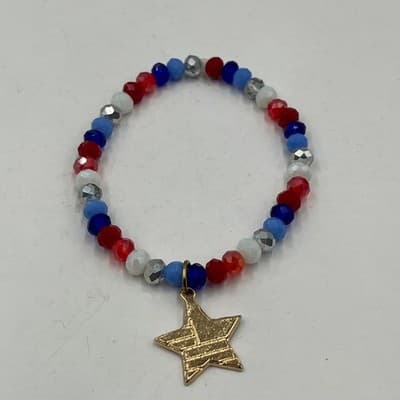 Vintage Patriotic Red White Blue Beaded Bracelet American Flag Star Charm USA - Thumbnail 4