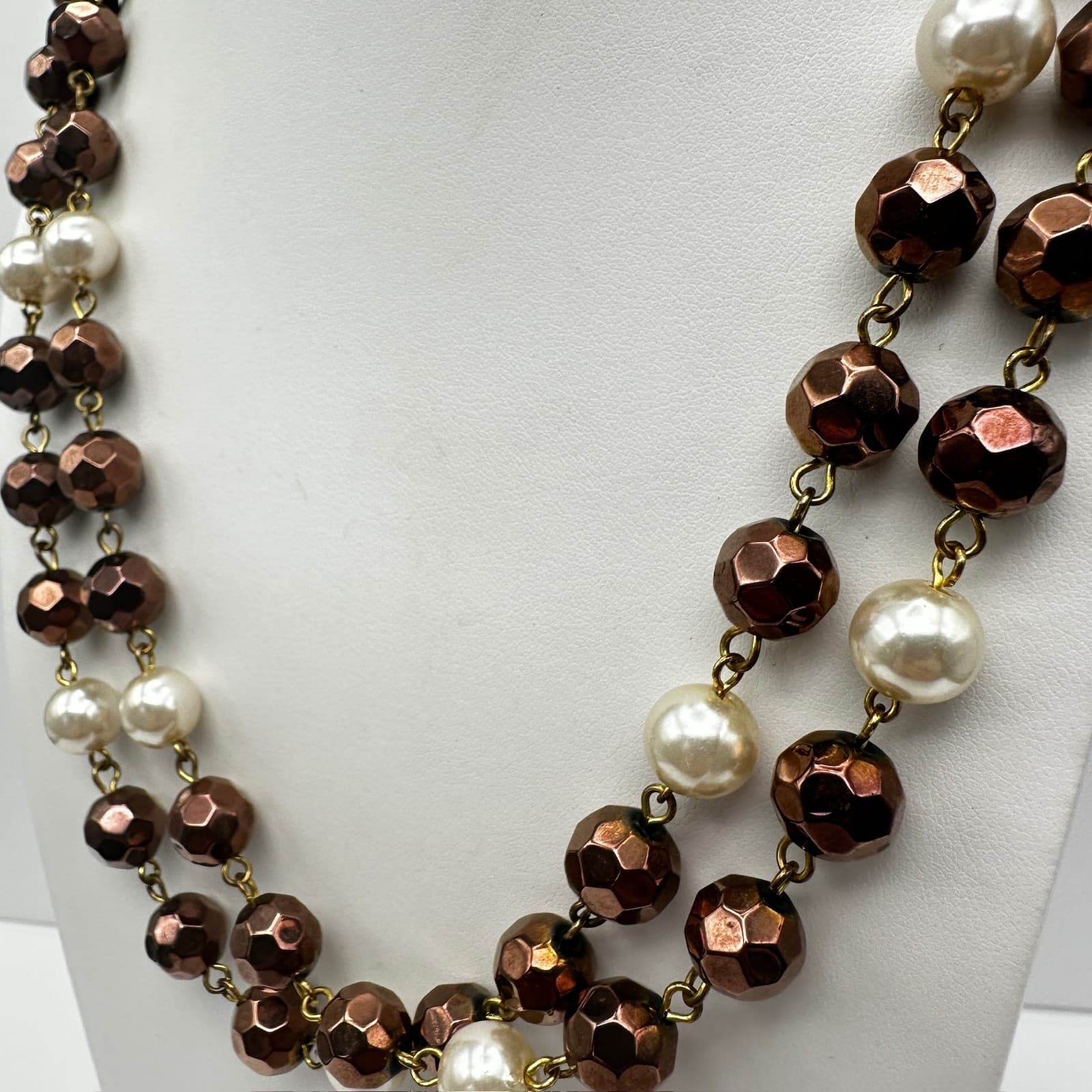 Vintage 90s White Faceted Bronze Bead Pearl Double Strand Necklace Jewelry - Thumbnail 5
