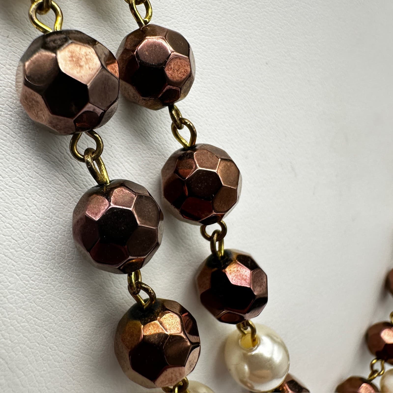 Vintage 90s White Faceted Bronze Bead Pearl Double Strand Necklace Jewelry - Thumbnail 9