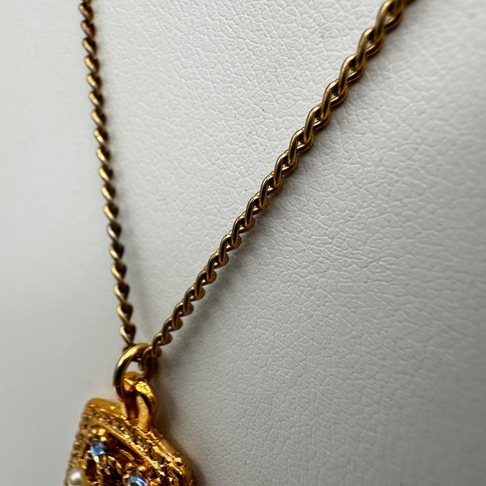 Vintage 90s Gold Tone Cross Pendant Necklace Red AB Rhinestone Faux Pearl - Thumbnail 9