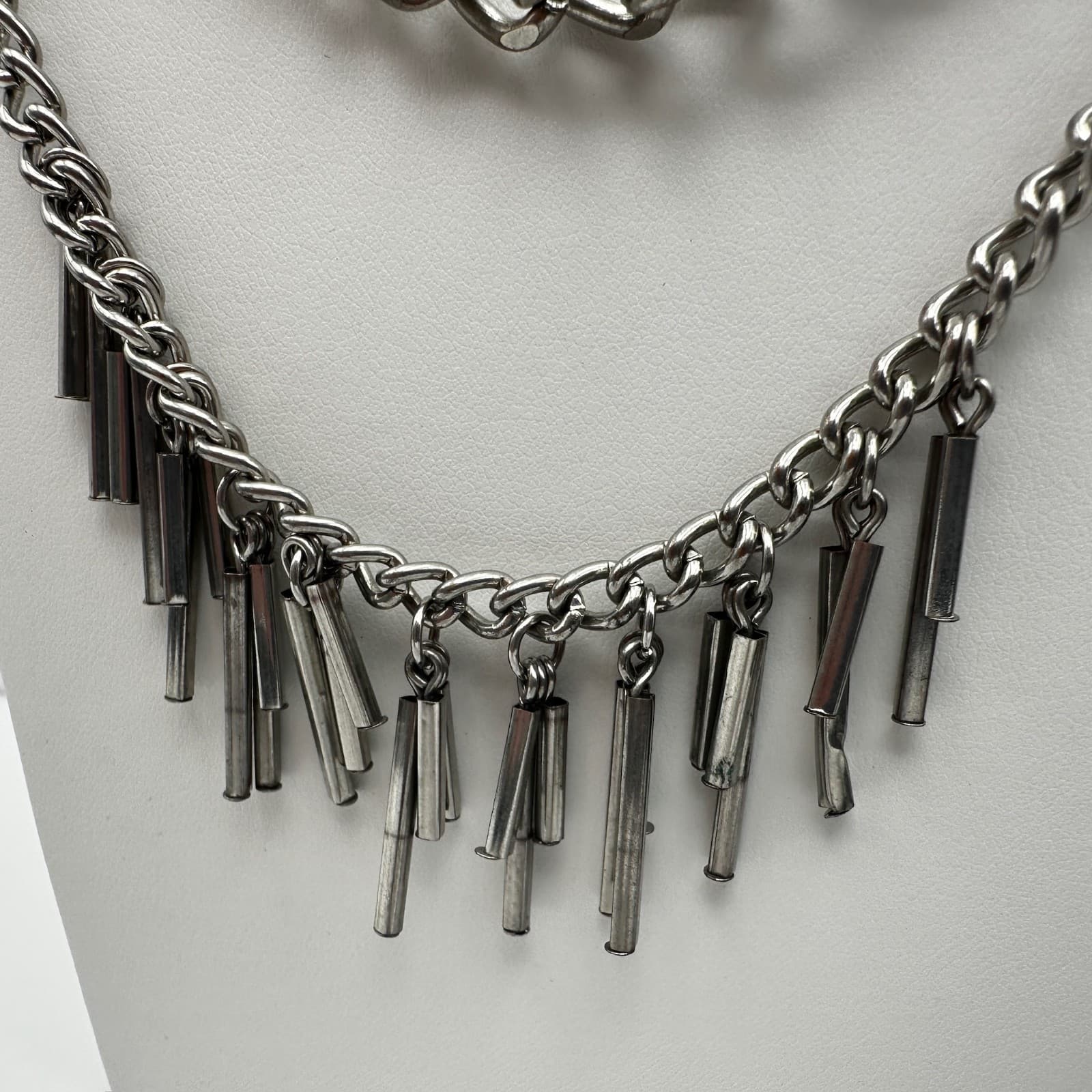 Vintage 90s Multi Layer Silver Tone Chain Necklace Industrial Bar Fringe Jewelry - Thumbnail 6