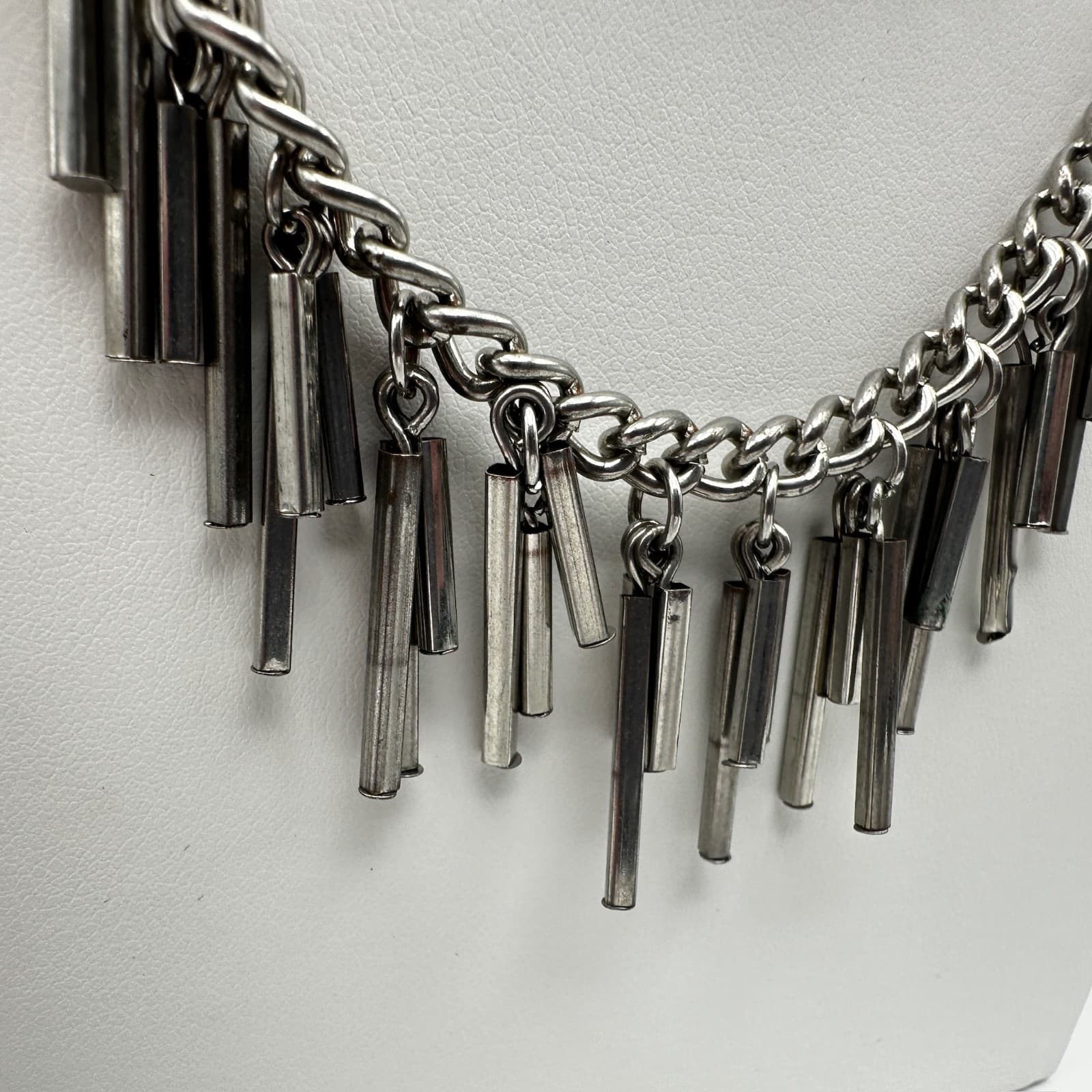 Vintage 90s Multi Layer Silver Tone Chain Necklace Industrial Bar Fringe Jewelry - Thumbnail 4