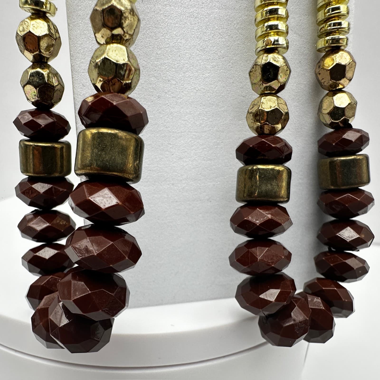 Vintage 90s Boho Brown Beaded Statement Dangle Earrings Gold Tone Large Fashion - Thumbnail 8