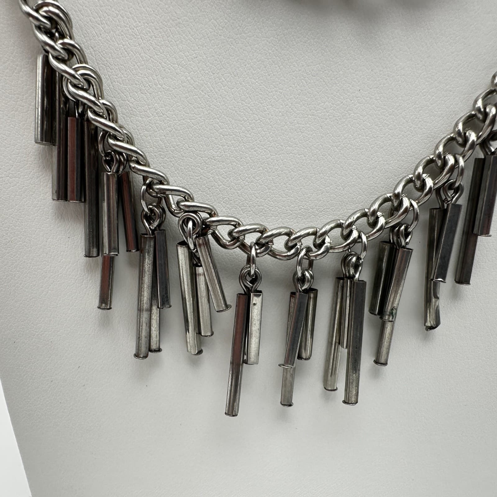 Vintage 90s Multi Layer Silver Tone Chain Necklace Industrial Bar Fringe Jewelry - Thumbnail 5