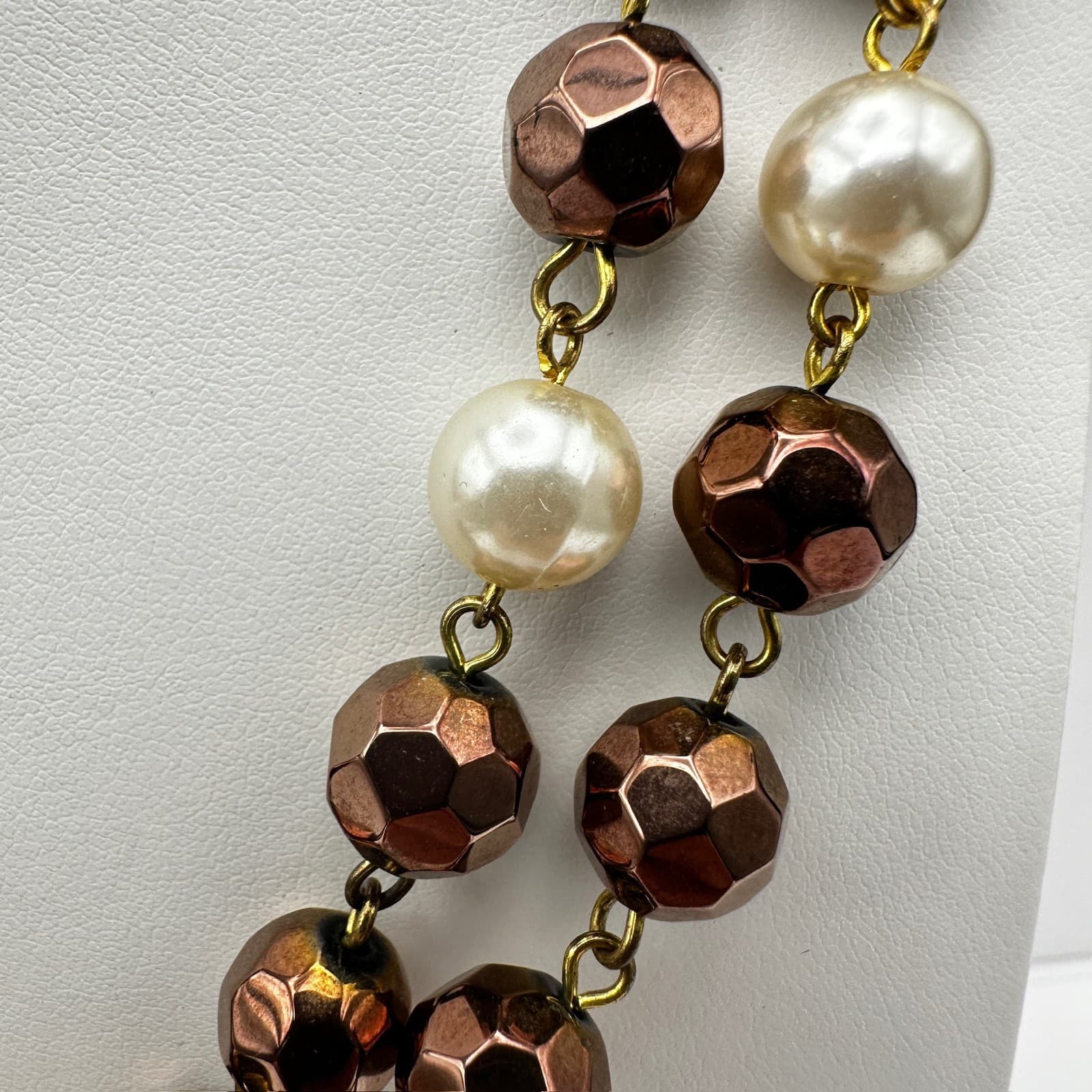 Vintage 90s White Faceted Bronze Bead Pearl Double Strand Necklace Jewelry - Thumbnail 7