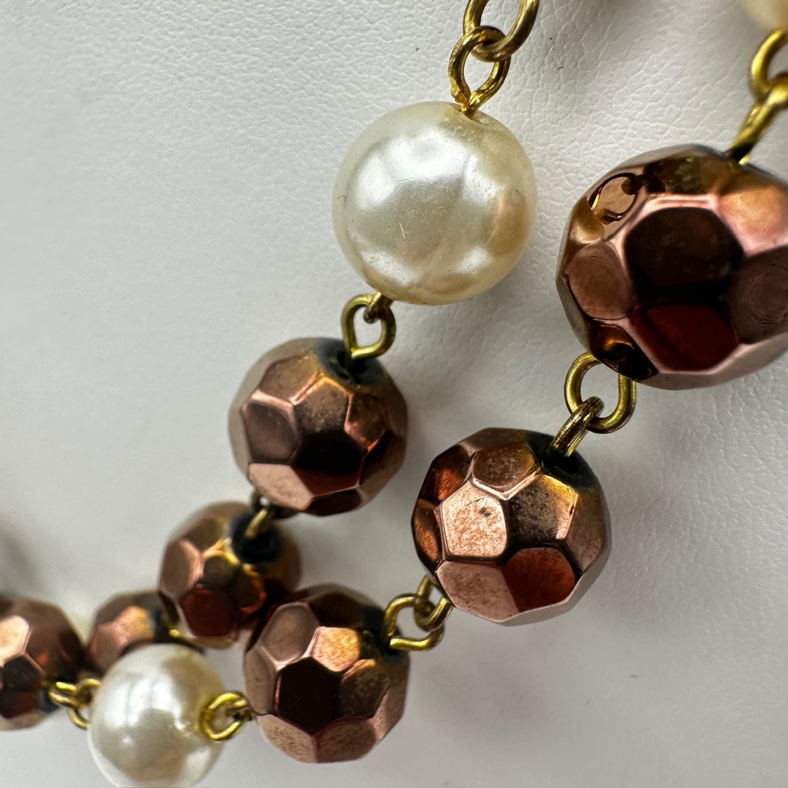Vintage 90s White Faceted Bronze Bead Pearl Double Strand Necklace Jewelry - Thumbnail 10