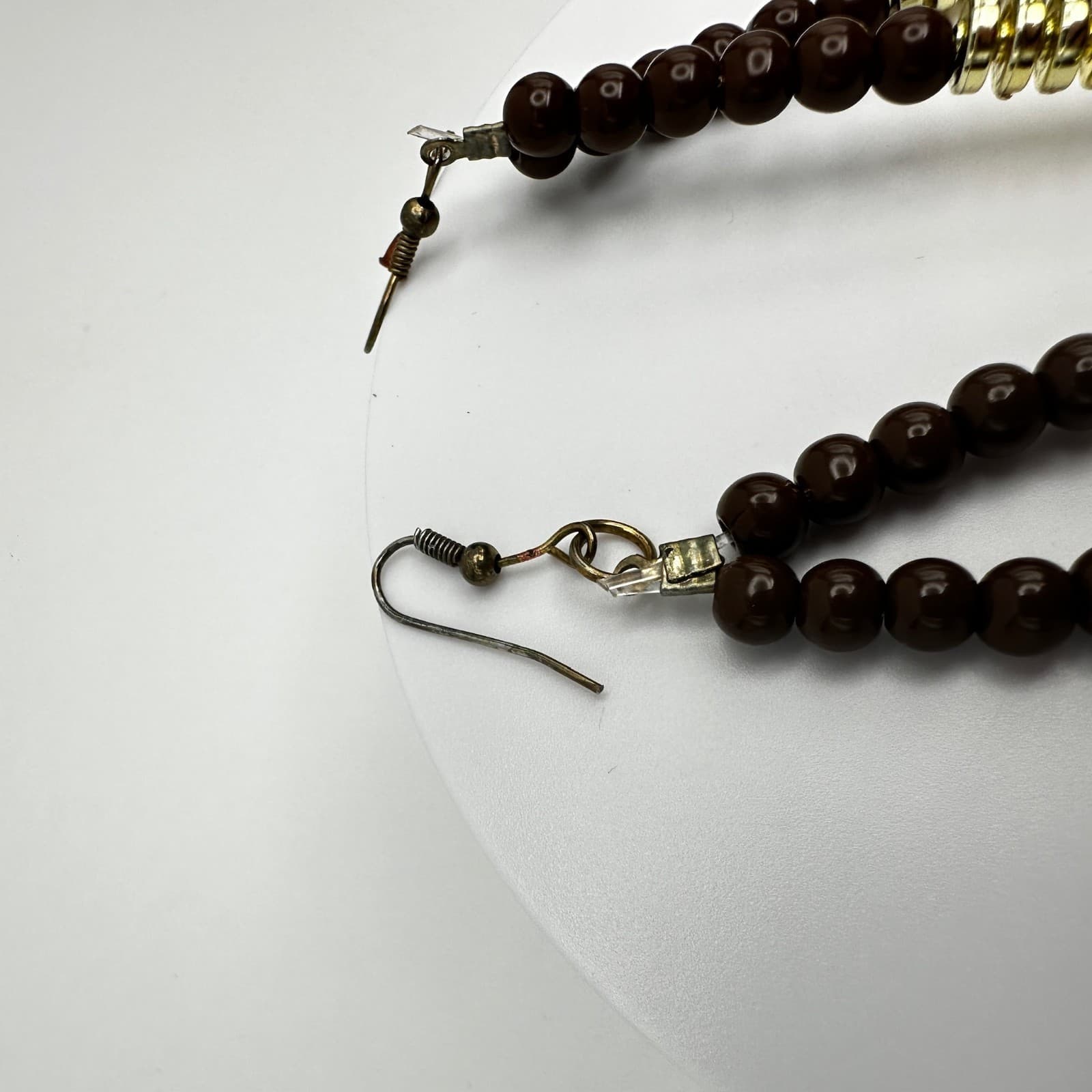 Vintage 90s Boho Brown Beaded Statement Dangle Earrings Gold Tone Large Fashion - Thumbnail 11